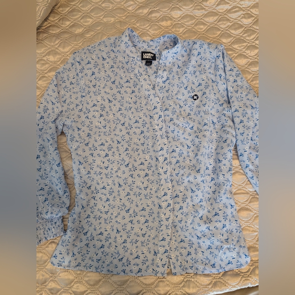 Chase Lands' End Blue Floral Button-Up Shirt Size 14P